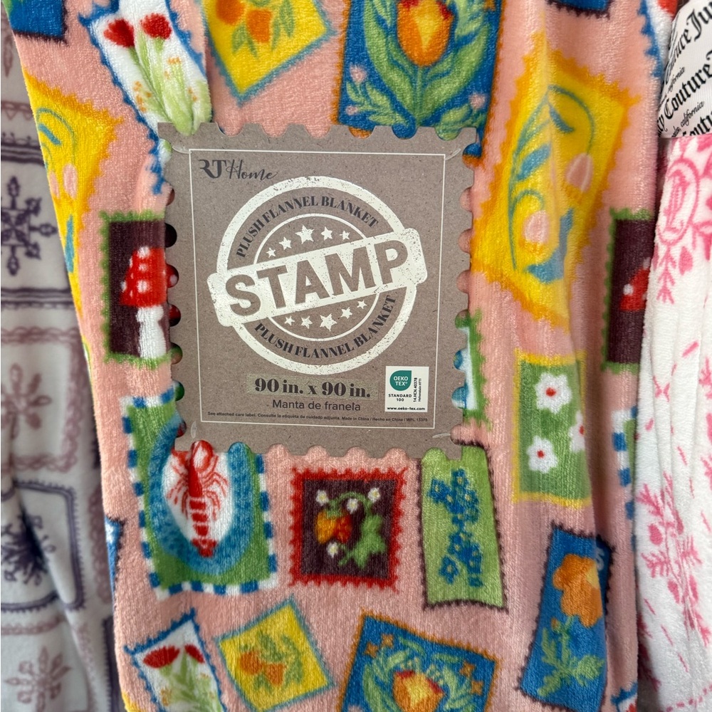 RT Home Plush Flannel Blanket with Colorful Stamp Design